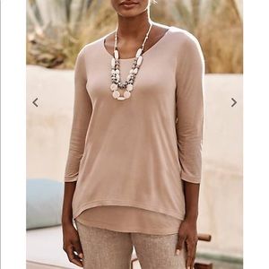 Scoop-neck knit top with the look of two tops in one easy piece, 3/4 sleeve
